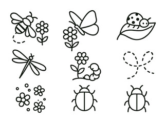 Linear insects icon set: butterflies, beetles, bees, caterpillars, ladybugs and flowers