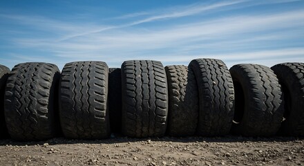 Obraz premium Used tires neatly stacked outdoors bright sunlight. AI Generated