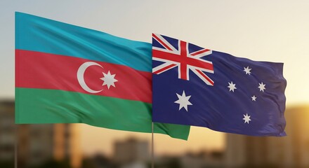 Fototapeta premium Azure sky brightens waving Azerbaijani Australian flags. AI Generated