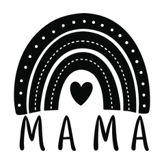 Minimalist boho style black silhouette illustration of a rainbow with heart and "MAMA" text. Perfect for Mother's Day, nursery decor, and t-shirt design.
