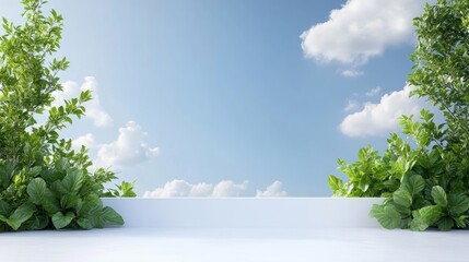 Obraz premium Empty white platform surrounded by lush greenery, clear blue sky with fluffy clouds