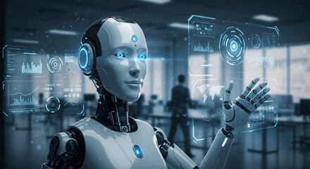 Naklejka premium Advanced Robot Interacts with Holographic Data. AI Generated