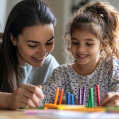 Cute autistic girl codes with colors at home, mom watching.