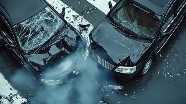 Two vehicles collide at a busy intersection causing significant damage and blocking traffic