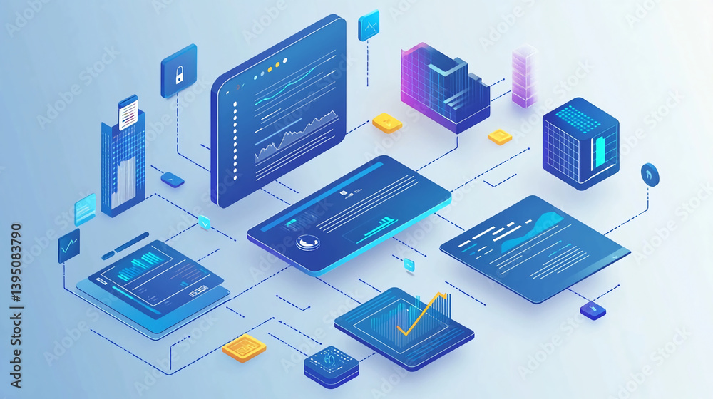 Poster isometric illustration of data analytics dashboard for business intelligence insights and reporting