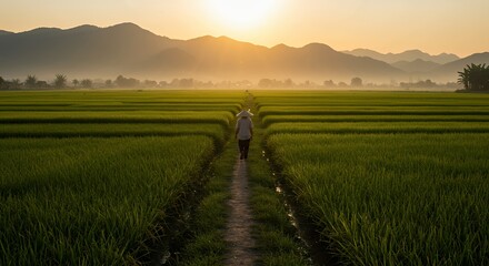 Fototapeta premium Person Walking Through Rice Field at Sunrise with Mountain Backdrop
