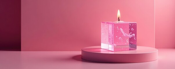 Soy cube bubble candle on pink pedestal with reflection, decorative element, intricate details, smooth surface