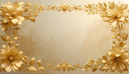 Golden Floral Frame Elegant Design 3D Flowers Beige Background