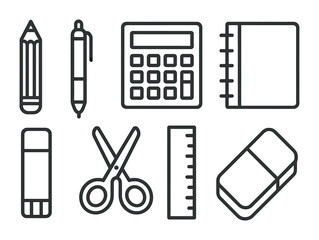 Fototapeta premium Essential school supplies icons set: linear style for educational design