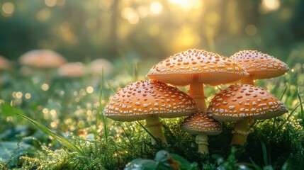 A fairy ring of mushrooms growing in a circular pattern on a grassy field, morning dew glistening on their caps, whimsical and enchanting scene. 