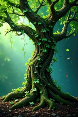 Tree roots and branches intertwined with vines, leafy, plant life, entwined