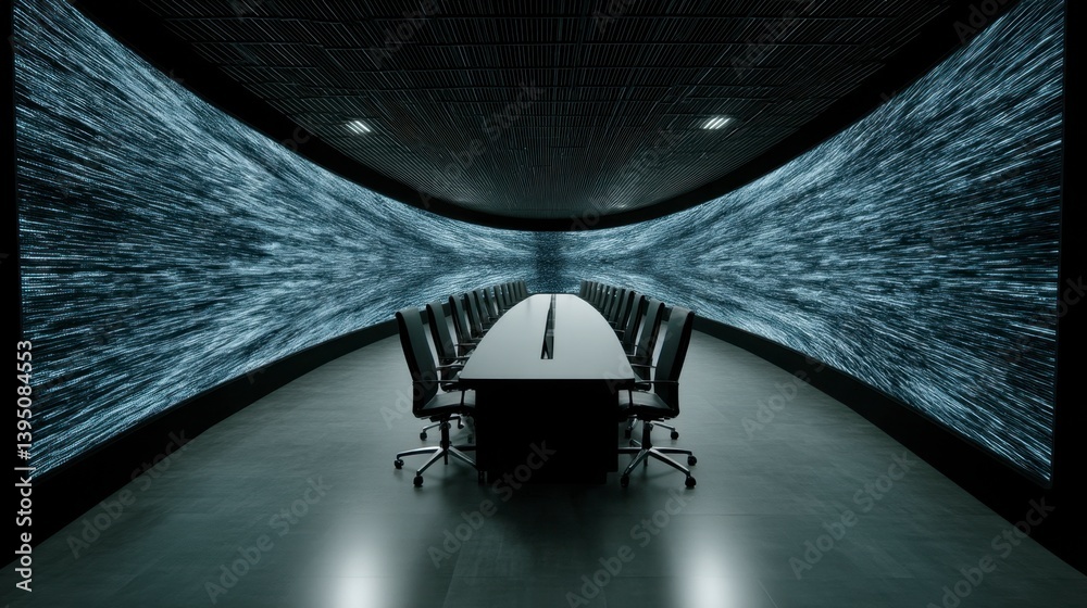 Poster futuristic conference room with a large curved screen displaying abstract data patterns. dark, sleek