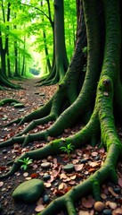 Tree roots and trunks exposed on a rocky terrain with forest floor, nature, organic