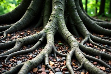Tree roots and trunks intertwined on a rocky surface, texture, detail