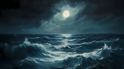 Fototapeta premium A moonlit sea veiled in mist offers a serene and mysterious atmosphere. Veiled Ocean. Illustration