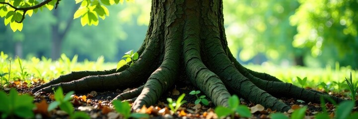 Tree roots stretch out from the base of a sturdy trunk, greenery, branches