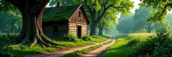Tree roots wrapping around historic farm buildings, ancient, overgrown