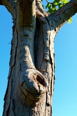 Tree trunk with gnarled bark, weathered and worn, against a bright blue sky, worn, natural