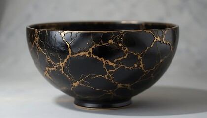 Black and Gold Ceramic Bowl with Marble Pattern Fine Art Decor