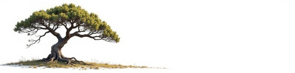 Tree with gnarled branches against white canvas, landscape, solitary