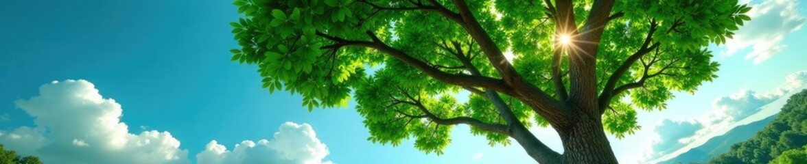Tree with branches stretching towards the sky, green, sky