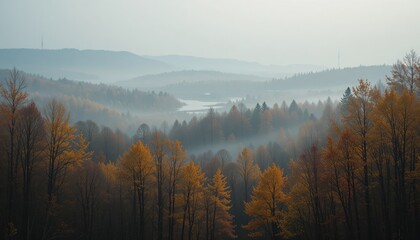 Fototapeta premium Misty autumn landscape enchanted forest nature photography tranquil environment wide-angle view scenic beauty