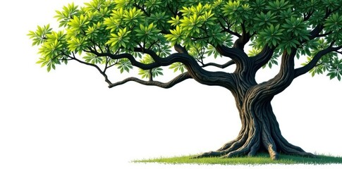 Tree with gnarled branches isolated on white background, isolated, green, trunk