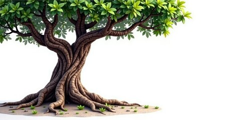tree with gnarled trunk and twisted roots on white background, earthy, texture