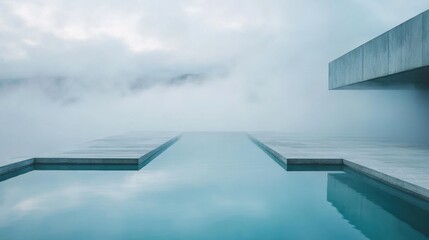 Obraz premium Minimalist infinity pool design merging into the foggy horizon in serene architectural setting