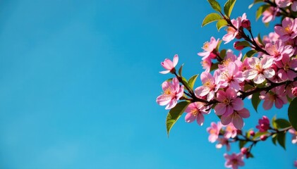 Tree with leaves and flowers against a blue sky, branches with flowers, branches, floral
