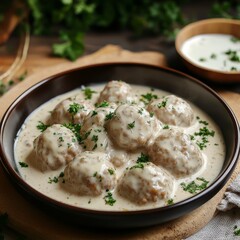 Table: Chicken meatballs with creamy sauce.