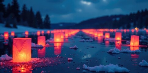 Colorful festive lights and lanterns on a frozen lake, lanterns, frozen