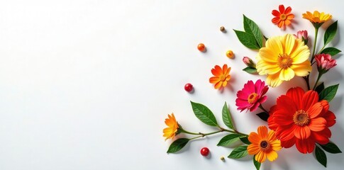 Colorful foliage scattered across a white background with texture, flowers, textured