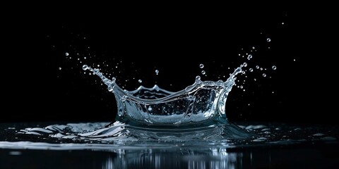 Liquid Elegance A Stunning Water Droplet Impacting a Dark Surface, Creating a Crown of Sparkling Splashes and Reflections