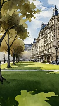 Urban park scene with historic architecture and trees on a sunny day in a European city