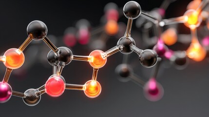 Abstract 3D rendering of a molecule chain with glowing atoms in orange, red, and pink against a dark gray background.