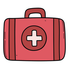 Hand drawn cartoon red first aid kit on white background.