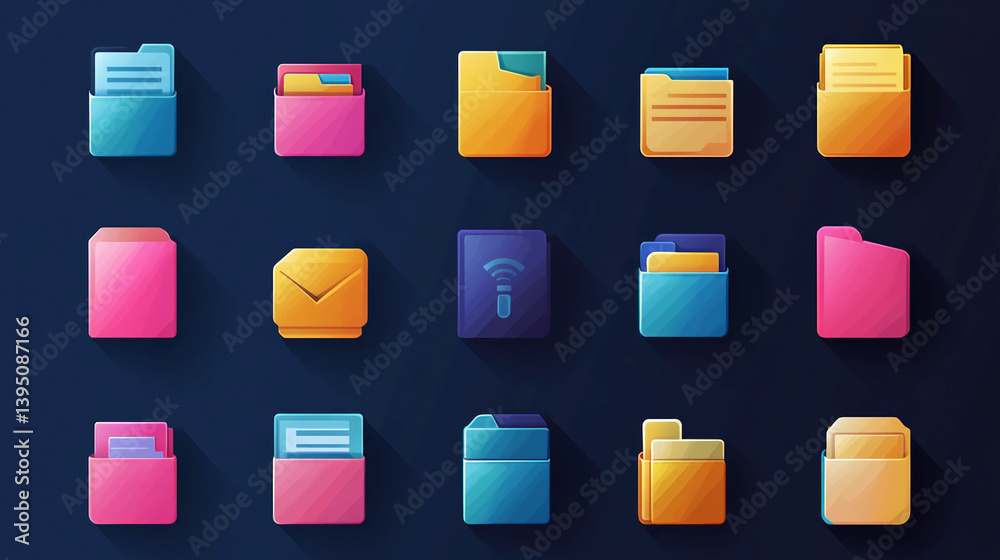 Poster colorful folder icons for file management and data organization in a modern design style concept art