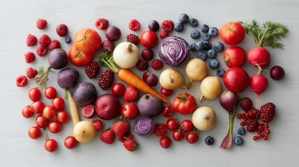 Fresh fruits, berries and vegetables arranged in a vibrant display, celebrating nature's bounty and healthy living.