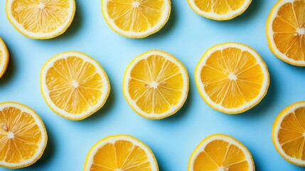 Fototapeta premium Lemon slices arranged in a circular pattern on a light blue background, creating a vibrant and graphic composition. 
