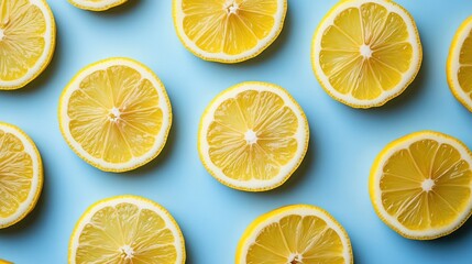 Lemon slices arranged in a circular pattern on a light blue background, creating a vibrant and graphic composition. 
