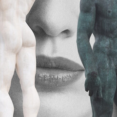 Abstract collage illustration of woman portrait and ancient male statues. Model lips and nose visible through ancient male body statues silhouettes. Grunge, motion blur and grain effect applied