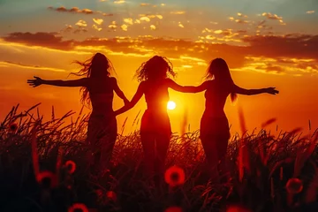 Three women dancing outdoors in the sunset light, back view, freedom and travel concept