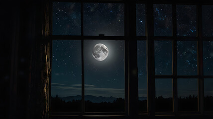 Starry Night Sky and Mountains Framed by Window with Full Moon

