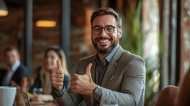 Successful businessman thumbs up at meeting in office setting professional corporate environment image 100 char
