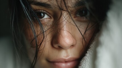 Fototapeta premium Intimate close-up portrait of freckled woman with damp strands over face and relaxed expression under natural soft light — ideal for skincare ads, natural beauty campaigns, and lifestyle visuals