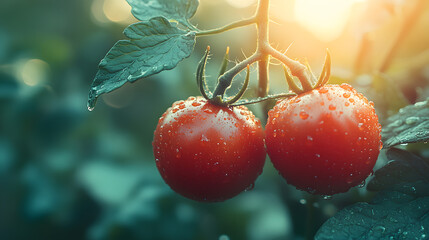 Photography of a pair of bright cherry tomatoes clinging to the vine, their glossy red skins glowing in the soft garden light.