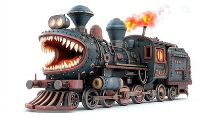 Naklejka premium Monster steampunk train locomotive with sharp teeth, smoke, and gears.