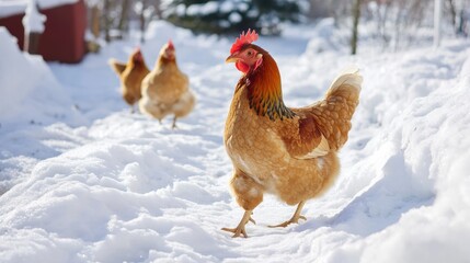 Chicken walking on eco-friendly poultry farm in wintertime snowy landscape
