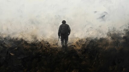 Obraz premium Soldier stands alone in a smoky desolate landscape holding a